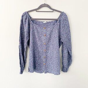 5/$25 Caslon boho peasant blue floral button front off shoulder elastic wrist
